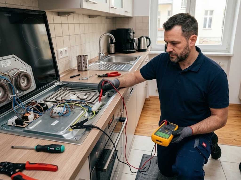 Ein Techniker prüft mit einem Isolationsmessgerät den Schutzleiterwiderstand an einem geöffneten Elektroherd, bevor das Gerät nach der Reparatur wieder ans Stromnetz angeschlossen wird.