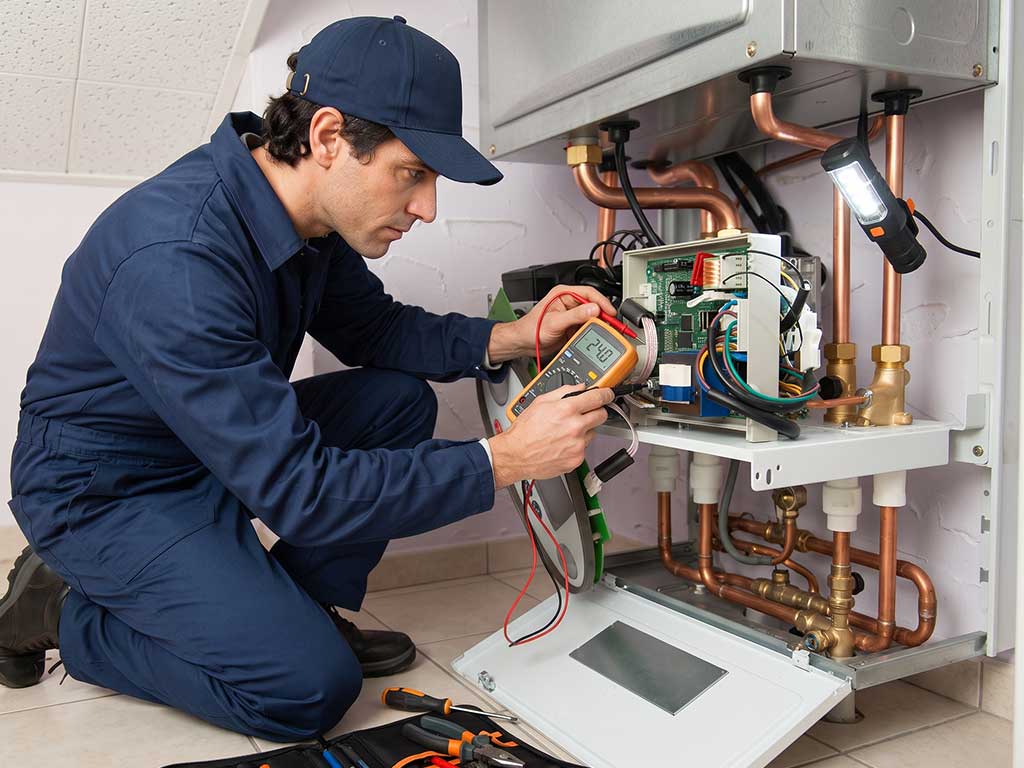 Ein Techniker kniet vor einer geöffneten Gas-Therme und hält ein digitales Multimeter an die Steuerungsplatine, um die Bauteile während der Fehlerdiagnose gezielt durchzumessen.