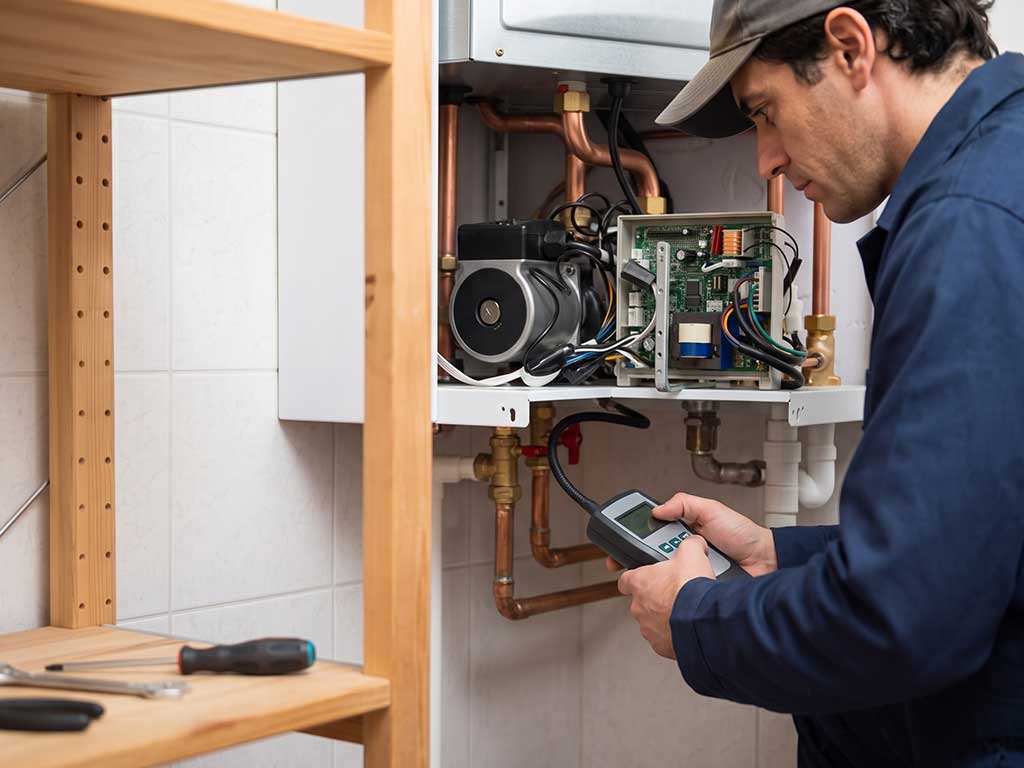 Ein Handwerker führt mit einem Gasspürgerät eine Dichtheitsprüfung an den Anschlussverschraubungen einer Gas-Therme durch, während im Vordergrund ein Kohlenmonoxid-Warnmelder auf einem Regal steht.