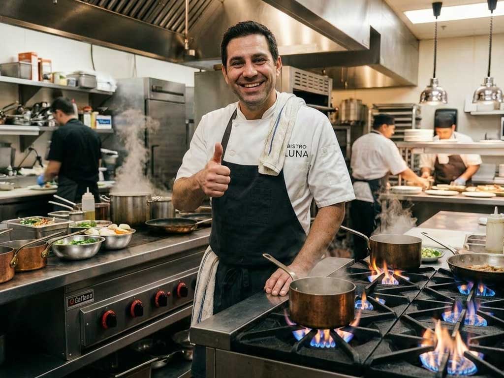 Ein lächelnder Koch in weißer Arbeitskleidung und schwarzer Schürze gibt in einer belebten Restaurantküche ein Daumen-hoch-Zeichen. Im Vordergrund brennen blaue Gasflammen unter einem Topf auf einem großen Industriepartner. Im Hintergrund herrscht reges Treiben durch weitere Küchenmitarbeiter unter professionellen Dunstabzugshauben.
