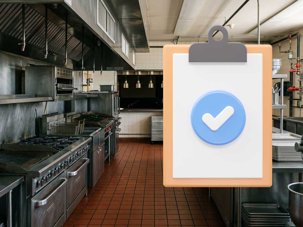 Eine professionelle Großküche mit Edelstahlfronten und Fliesenboden, überlagert von einer großen grafischen Checkliste auf einem Klemmbrett mit einem blauen Häkchen-Symbol. Die Darstellung symbolisiert erfolgreich abgeschlossene Sicherheitsprüfungen, Hygienekontrollen oder Wartungsprotokolle im Gastronomiebetrieb.